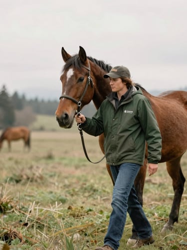 A volunteer in a dark green jacket walking alongside a horse in a soft overcast Port Orchard pasture, shallow depth of field.