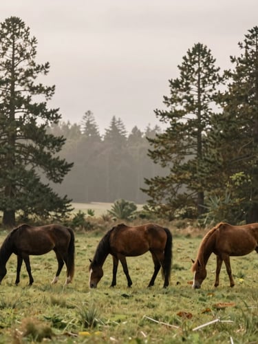 A wide shot of three horses grazing peacefully in a lush green pasture surrounded by tall pine trees under an overcast sky, misty morning, warm earth tones