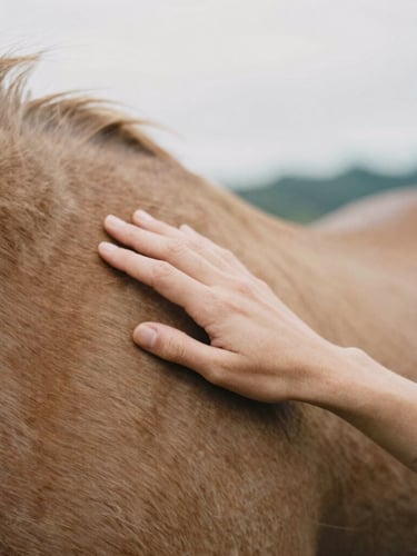 A close-up of a hand gently resting on a horse's warm coat, soft overcast Pacific Northwest daylight, shallow depth of field, 35mm film