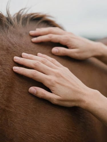 Candid close-up of hands gently resting on a horse's warm coat, soft overcast daylight, shallow depth of field, natural textures, 35mm photography