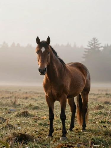 A serene misty morning pasture in Port Orchard Washington, a single horse standing quietly in the soft overcast light, shallow depth of field, warm editorial photography