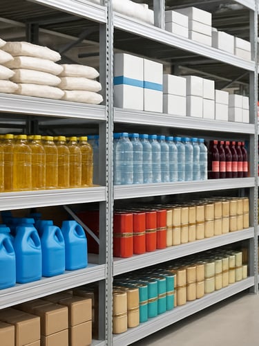 Close-up of neatly stacked warehouse shelves with high-demand grocery goods and beverages, bright clean warehouse lighting, organized B2B logistics environment