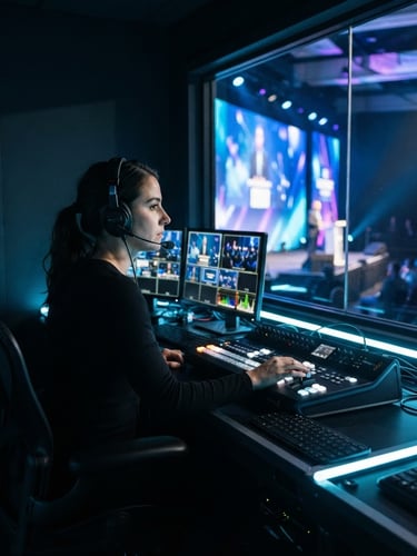 A sleek side profile of a digital production operator sitting in a dark control booth overlooking a bright corporate stage, cool blue neon highlights, sharp focus, 35mm lens.