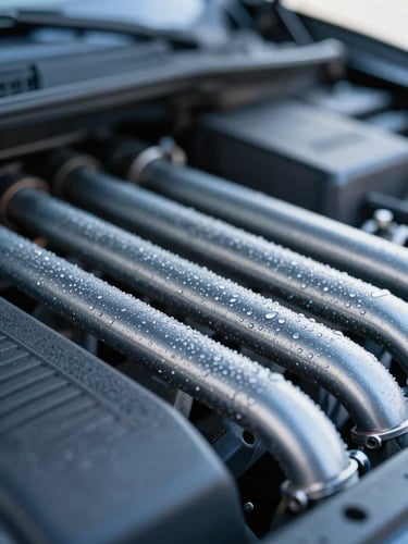 Macro shot of cold condensation on metal AC lines inside a car engine bay, sharp automotive photography, shallow depth of field