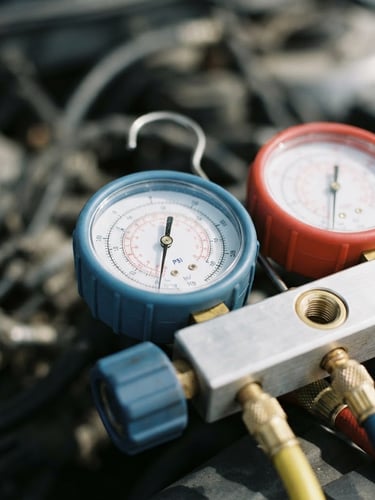 Close-up of automotive AC manifold gauges showing pressure drop, bright daylight, metallic and cool blue tones, 35mm photography