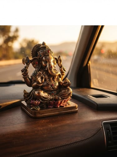 Close-up of a meticulously crafted polyresin idol, possibly Ganesha or Lakshmi, on a clean wooden car dashboard, warm dramatic side-lighting emphasizing intricate details, golden hour sunlight streaming through the window, shallow depth of field, wide panoramic frame.