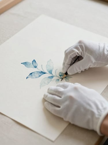 Close-up of hands wearing white cotton gloves carefully aligning a delicate watercolor painting on an acid-free linen mounting board, soft diffused studio light, 35mm