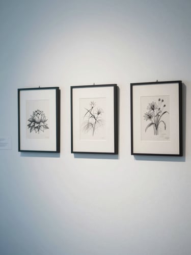 A minimalist, sunlit gallery wall showing three framed monochrome sketches hanging in perfect alignment, clean shadows, soft blue and charcoal tones, 35mm