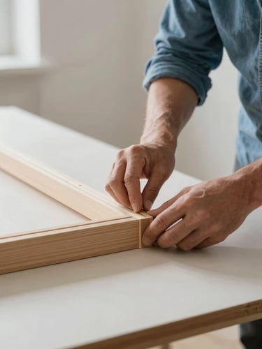 A craftsman aligning a wooden frame molding on a clean work table, soft natural light, focus on the corner joinery