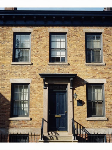 Warm editorial photograph of a historic Philadelphia brick rowhome with a small front porch, bright natural daylight, rich navy and gold undertones, sharp focus, 35mm lens, generous negative space on the left.