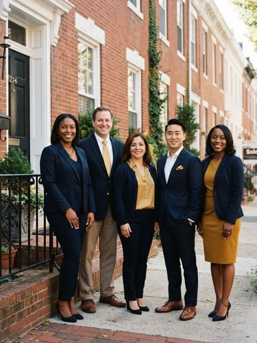 Warm, professional portrait of the Mega Realty team (diverse group of 4-5 people) standing outside a classic Philadelphia brick rowhome with a small front porch, bright natural daylight, rich navy and gold undertones, sharp focus, 35mm lens