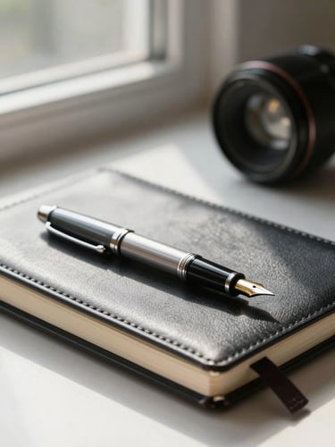 A close-up of a structured workspace, a fountain pen resting on a leather notebook, soft natural morning light from a side window, clean editorial aesthetic