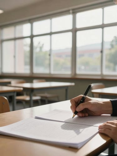 Wide environmental portrait of a quiet, sunlit educational workspace, soft natural daylight from a high window, hands taking notes with a fountain pen on structured paper, academic and highly professional atmosphere.