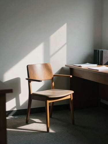 A quiet, sunlit office room, a single wooden chair next to a desk with papers, soft shadows, professional and institutional atmosphere