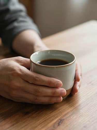 Close-up of hands holding a warm ceramic cup on a wooden table, soft natural side lighting, calm and reflective atmosphere