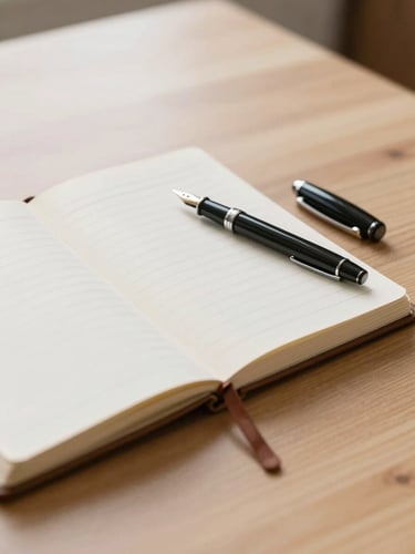 Soft natural daylight on a clean wooden desk, a leather-bound notebook open with hand-written notes, a fountain pen resting beside it, minimalist and professional setting, shallow depth of field.