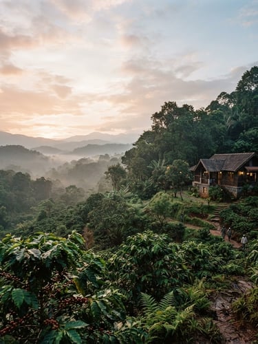 Mist-covered Coorg plantation landscape at dawn, dramatic natural side-light, deep forest greens and rich earthy browns, macro depth of field, expansive sky to the left, office building nestled in the trees to the right.