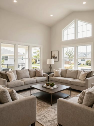 Bright residential interior of a modern Salt Lake County living room, warm clean tones, wide-angle lens, professional editorial style.