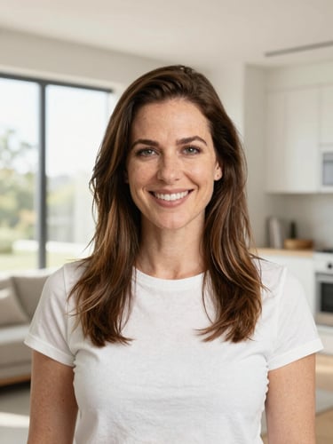 Professional warm headshot of Hannah Call, friendly and confident, bright natural window light, clean modern residential interior background, professional editorial style.