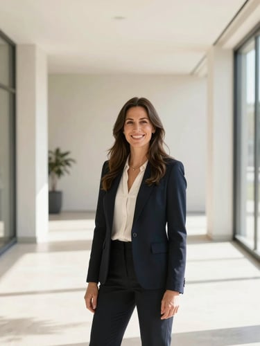 Professional warm portrait of Hannah Call, a female real estate agent, smiling, bright natural daylight, modern neutral interior background, high-key lighting.