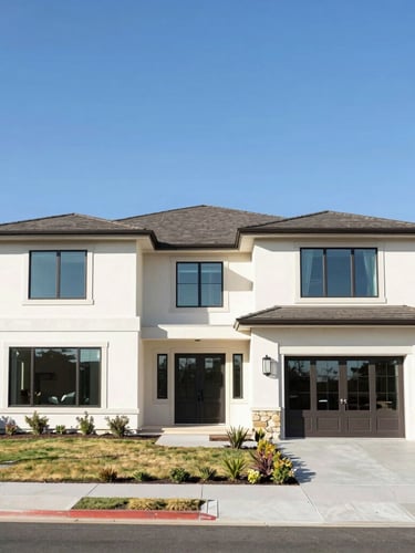 Bright daylight architectural shot of a modern luxury home exterior in Sandy, Utah, blue sky, clean lines.