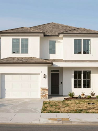 Bright modern residential exterior of a Salt Lake County home, clean architectural lines, natural daylight, warm clean tones, wide-angle lens, professional editorial style.