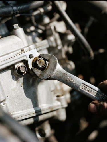 Tight macro shot of a heavy steel wrench turning a bolt on a clean engine block, sharp shadows, high-contrast natural daylight, 50mm lens