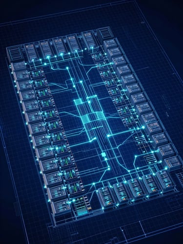 Wide architectural overhead view of a data center floor plan rendered as a precise technical schematic, cyan grid lines on deep navy background, server rack topology nodes interconnected by thin luminous lines, high-contrast studio lighting, no people, blueprint aesthetic