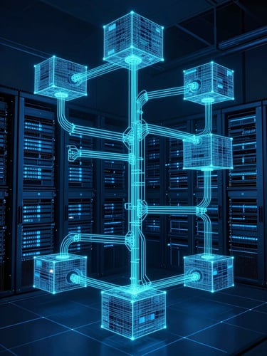 Wide architectural view of a data center topology diagram rendered as glowing cyan line-work on deep navy — server nodes connected by precise fiber-optic pathways, overhead schematic framing, high-contrast monochromatic palette, no text or labels, clean technical blueprint aesthetic