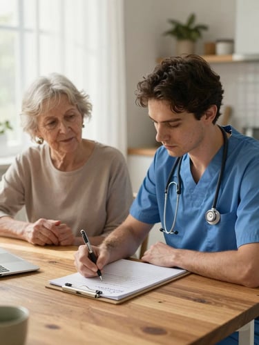 Physiotherapist writing notes on a clipboard at a wooden table in a home kitchen, elderly woman seated nearby looking on with calm confidence, warm afternoon side light through curtains, handwritten care notes visible but not legible, domestic warmth in the scene