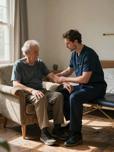 Close three-quarter view of a male physiotherapist in a warmly lit bedroom, seated beside an elderly patient in a familiar armchair near a sunlit window, his hands gently guiding the patient's forearm, soft north-facing daylight casting quiet shadows across the room's textured walls and worn wooden floor