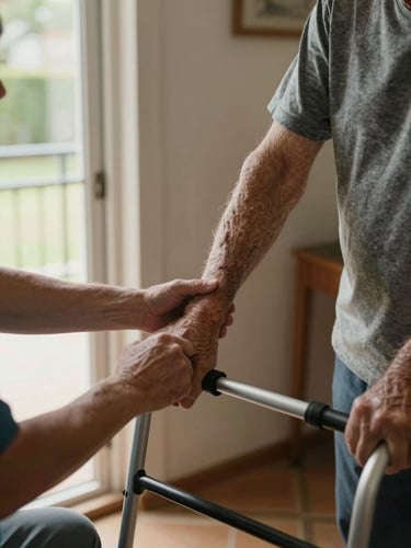 Close-up of a therapist's hands steadying an elderly man's forearm as he grips a walking frame near a sunlit doorway, warm diffused daylight from the left, the textures of a tiled home corridor in the background, quiet focus and trust visible in the posture of both