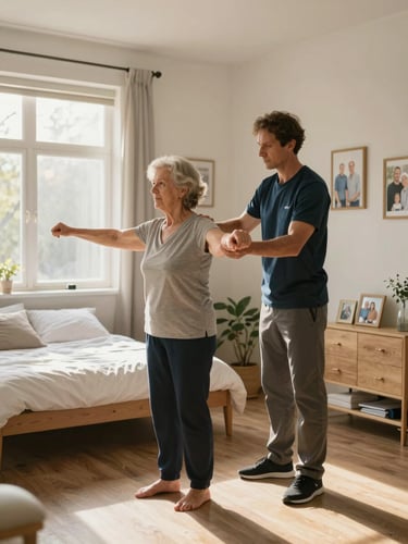 Wide shot of a home physiotherapy session in a light-filled bedroom, therapist guiding an elderly woman in a gentle standing balance exercise beside a bed, golden-hour window light from the side, family photo frames softly visible on the wall, unhurried and dignified atmosphere