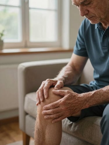 Close-up of a physiotherapist's hands carefully assessing an elderly man's knee, seated in a familiar armchair near a window, soft north-facing daylight, calm and attentive expression on both faces, domestic interior warmly blurred in background