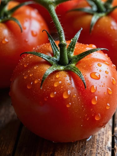 Extreme macro close-up of heirloom tomatoes on a rustic wooden table, water droplets, natural side-lighting, rich reds and deep greens.