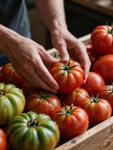 A close-up shot of hands arranging heirloom tomatoes on a rustic wooden market display, directional window light, rich red and green tones
