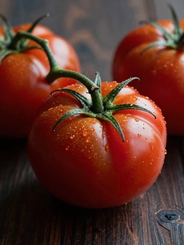 Extreme macro close-up of heirloom tomatoes on a dark wooden table, soft directional natural light casting long shadows, Scandinavian moody aesthetic.