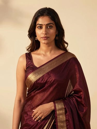 Editorial portrait of a Bangladeshi woman in a draped silk saree, soft golden-hour light, warm cream background, 35mm