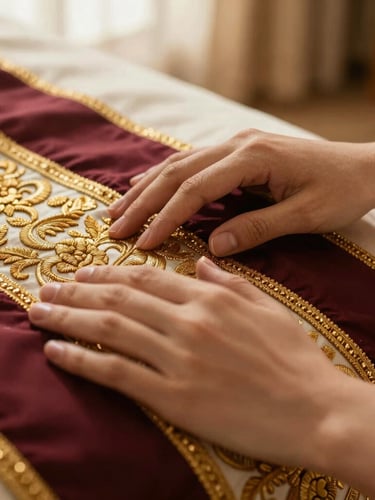 Close-up detail of hands touching premium embroidered fabric, warm gold and deep burgundy threads catching soft window light, editorial luxury fashion photography