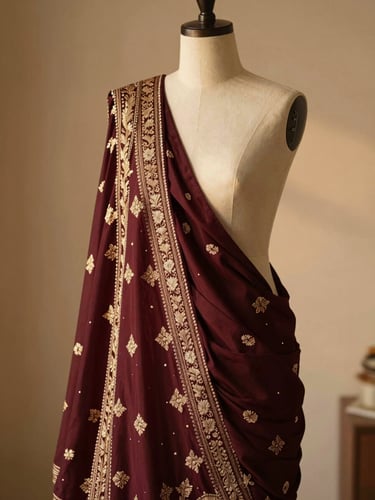 A beautiful unstitched designer dress fabric draped elegantly on a minimalist mannequin, warm tones, 35mm