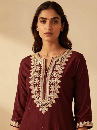 Editorial portrait of a model in an intricately embroidered kurti, warm cream background, soft golden hour light