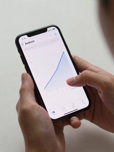 Close-up overhead view of hands holding an Android phone, screen showing a clean progress chart with a rising metric line, daylight studio lighting on a light neutral surface, fingers visible mid-interaction
