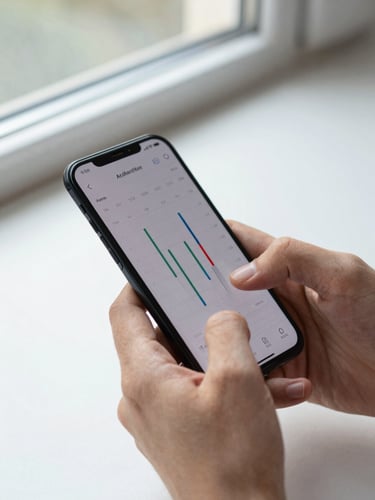 Close-up of hands holding an Android phone at a natural angle, a progress chart visible on the screen, finger mid-swipe, studio daylight from a north-facing window, clean white surface underneath
