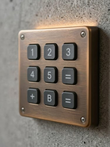 Macro close-up of a custom-brushed bronze home automation keypad flush-mounted on raw concrete, warm subtle backlighting behind buttons, architectural detail, shallow depth of field.