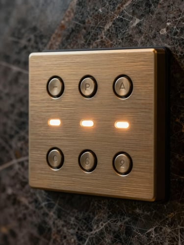 Macro shot of an elegant brushed bronze automation keypad integrated seamlessly into a dark marble wall, minimal indicator lights glowing softly