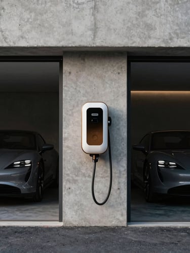 Symmetrical architectural shot of a minimalist concrete garage, a luxury electric sports car charging, clean bronze-accented charging station mounted on a dark marble wall, dramatic low-key lighting