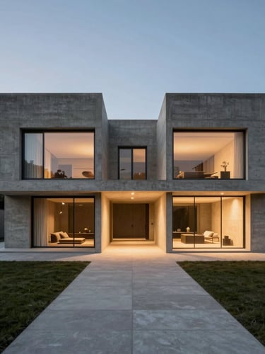 Symmetrical architectural shot of a brutalist concrete mansion in Alphaville at dusk, warm integrated floor lighting casting long shadows, minimalist landscape design