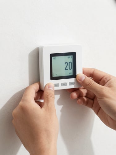 Close-up shot of hands installing a smart thermostat on a clean white wall, bright natural daylight, high-contrast technical details, 35mm