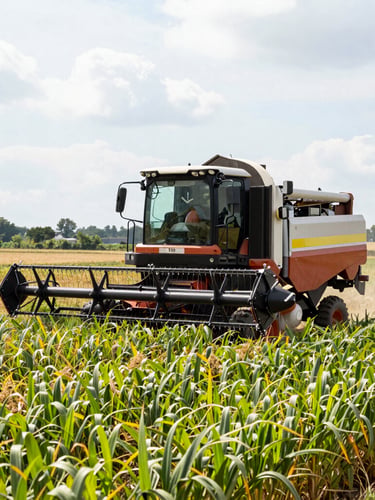 Low-angle heroic shot of a heavy-duty semi-autonomous harvester operating in a vast golden wheat field under bright Mexican sunlight, rich earth tones
