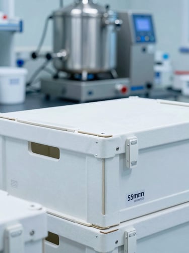 Medium shot of secure pharmaceutical shipping crates and stainless steel formulation equipment in a bright clinical laboratory, cool blue tones, sharp focus, 35mm